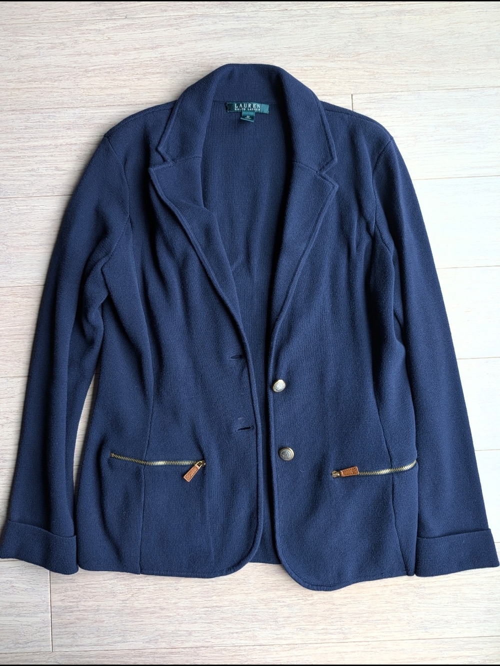 Ralph Lauren Navy Knit Blazer with Gold Zipper Accents